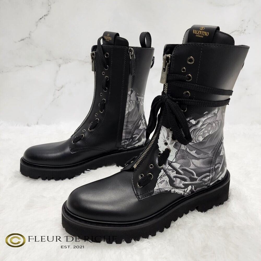 Valentino x Undercover Black Rose Print Leather Military Boots sz 40